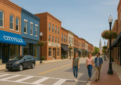 Small-town street with three people walking, lined with brick buildings and parked cars.