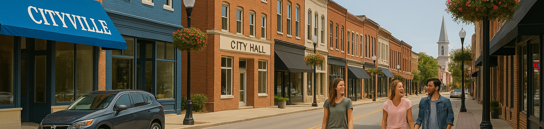 Small-town street with three people walking, lined with brick buildings and parked cars.