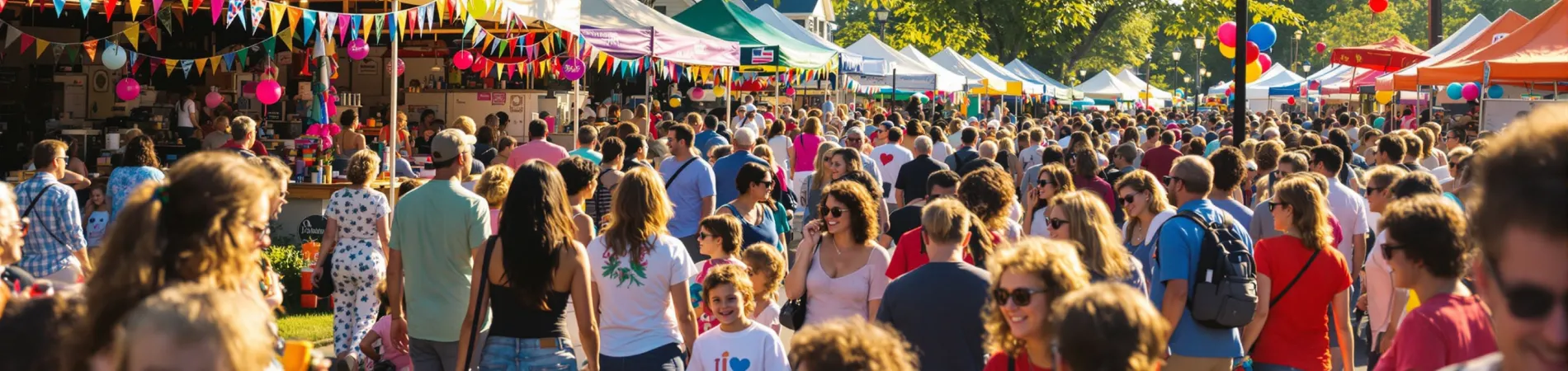 Crowded outdoor market with colorful tents and people enjoying a sunny day.