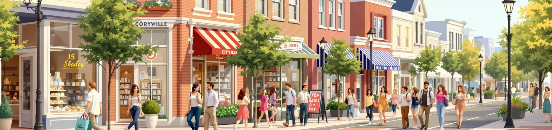 Busy street with shops and people under a clear sky.